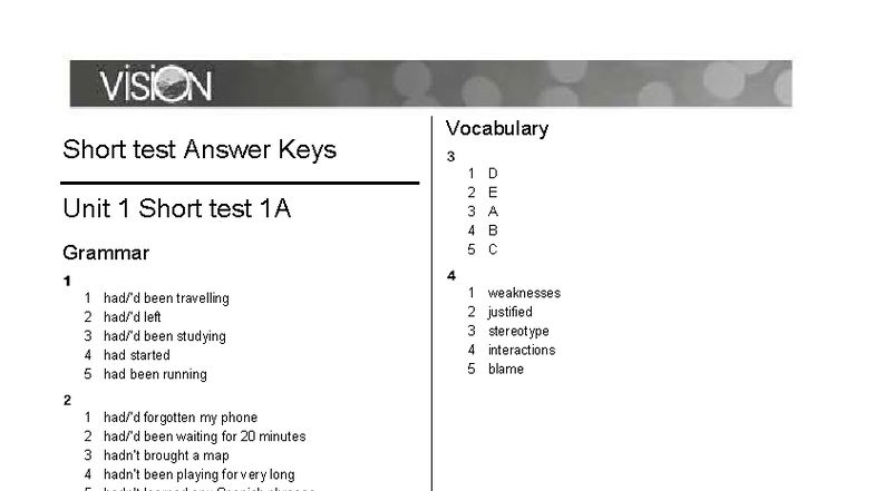 U1 Short Test 1 Answer Keys: Grammar & Vocabulary - Studocu