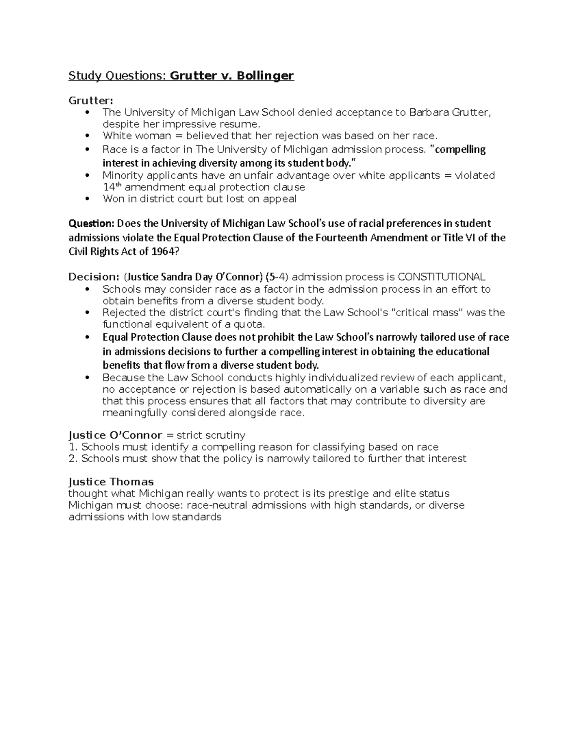 Study Questions: Grutter v. Bollinger (14th Amendment Case Study) - Studocu