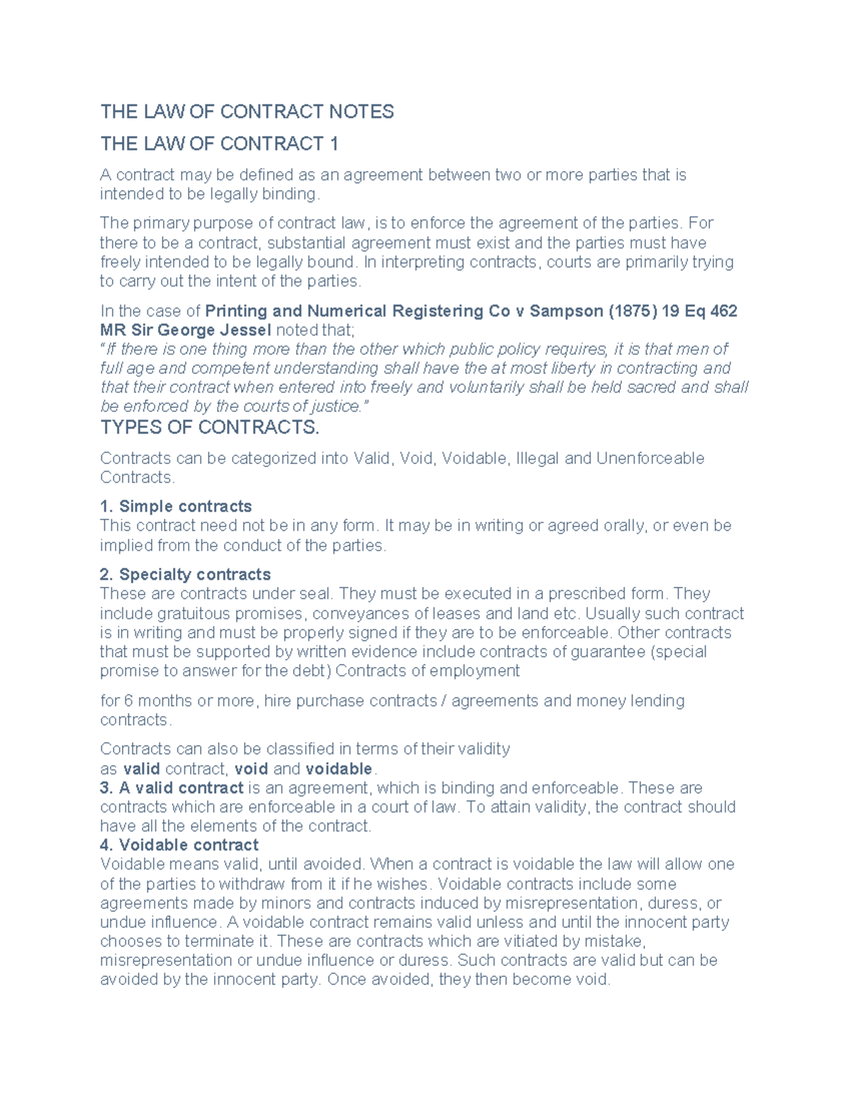 LAW 101: Comprehensive Notes on Contract Law Principles - Studocu