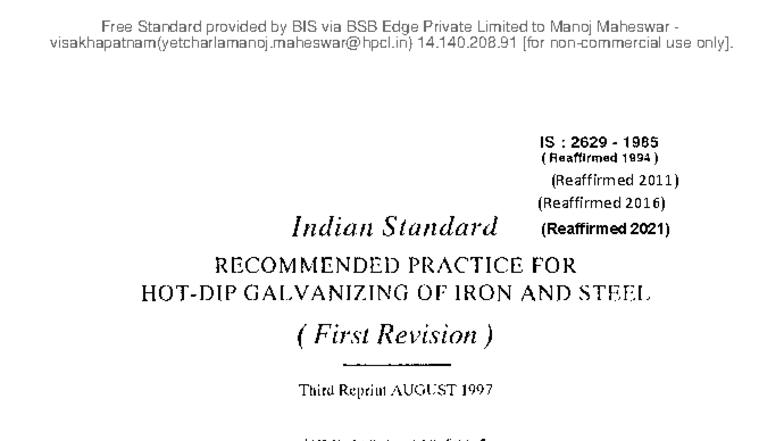 IS 2629:1985 Recommended Practice for Galvanizing of Iron and Steel ...