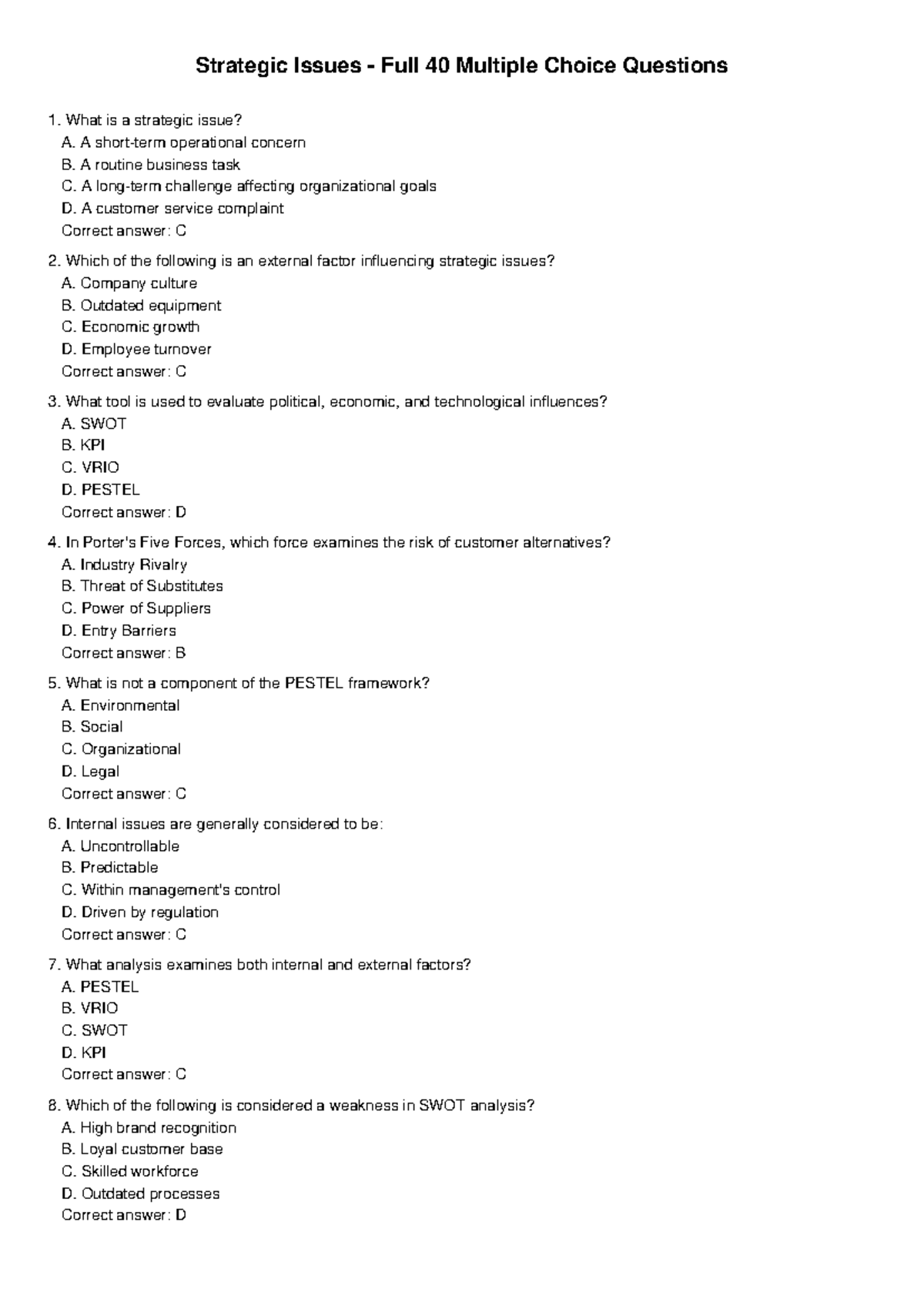 Strategic Issues MCQ with Choices - Strategic Issues - Full 40 Multiple ...
