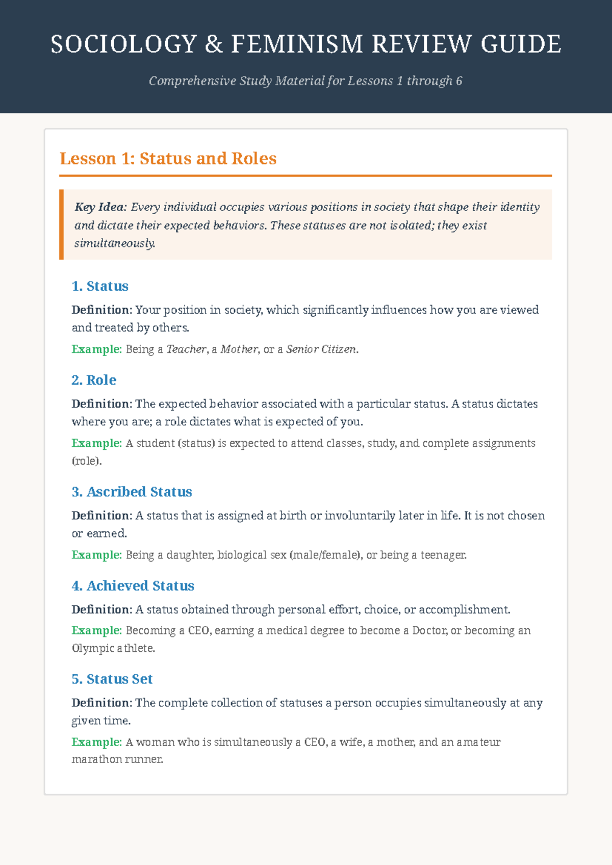 SOCIOLOGY 101: FEMINISM REVIEW GUIDE for Lessons 1-6 - Studocu