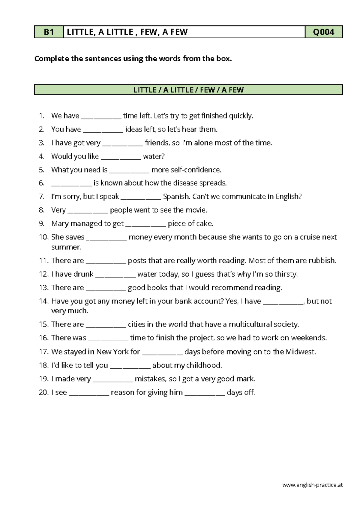B1 English Practice: Exercise on Quantifiers (LITTLE, A LITTLE, FEW, A ...