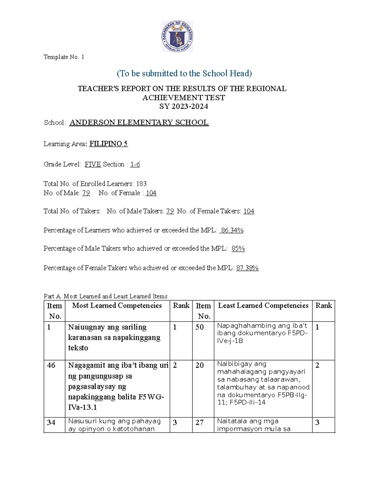 RAT- Filipino-5 - RAT FILIPINO test for grade 5 - Template No. 1 (To be ...