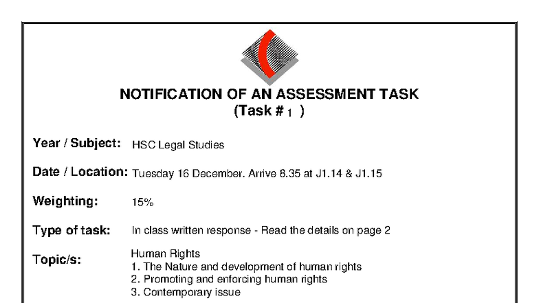 HSC Legal Studies Task 1 Notification: Human Rights Assessment - Studocu