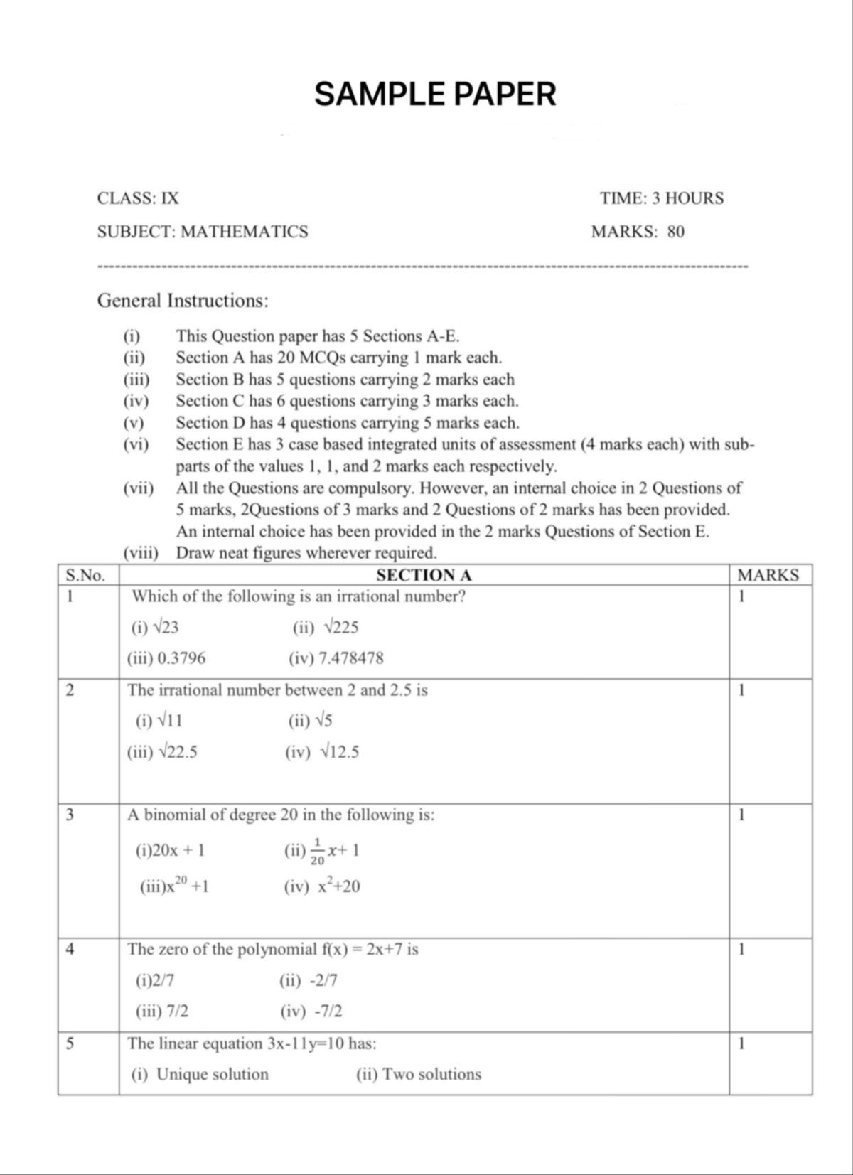 Sample Paper IX Mathematics 2025 - 3 Hours, 80 Marks - Studocu