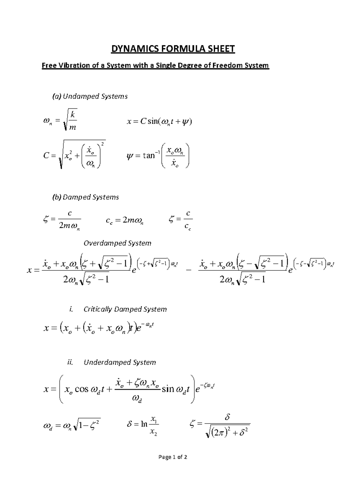 Dynamics Formula Sheet: Free Vibration of SDOF Systems - Studocu