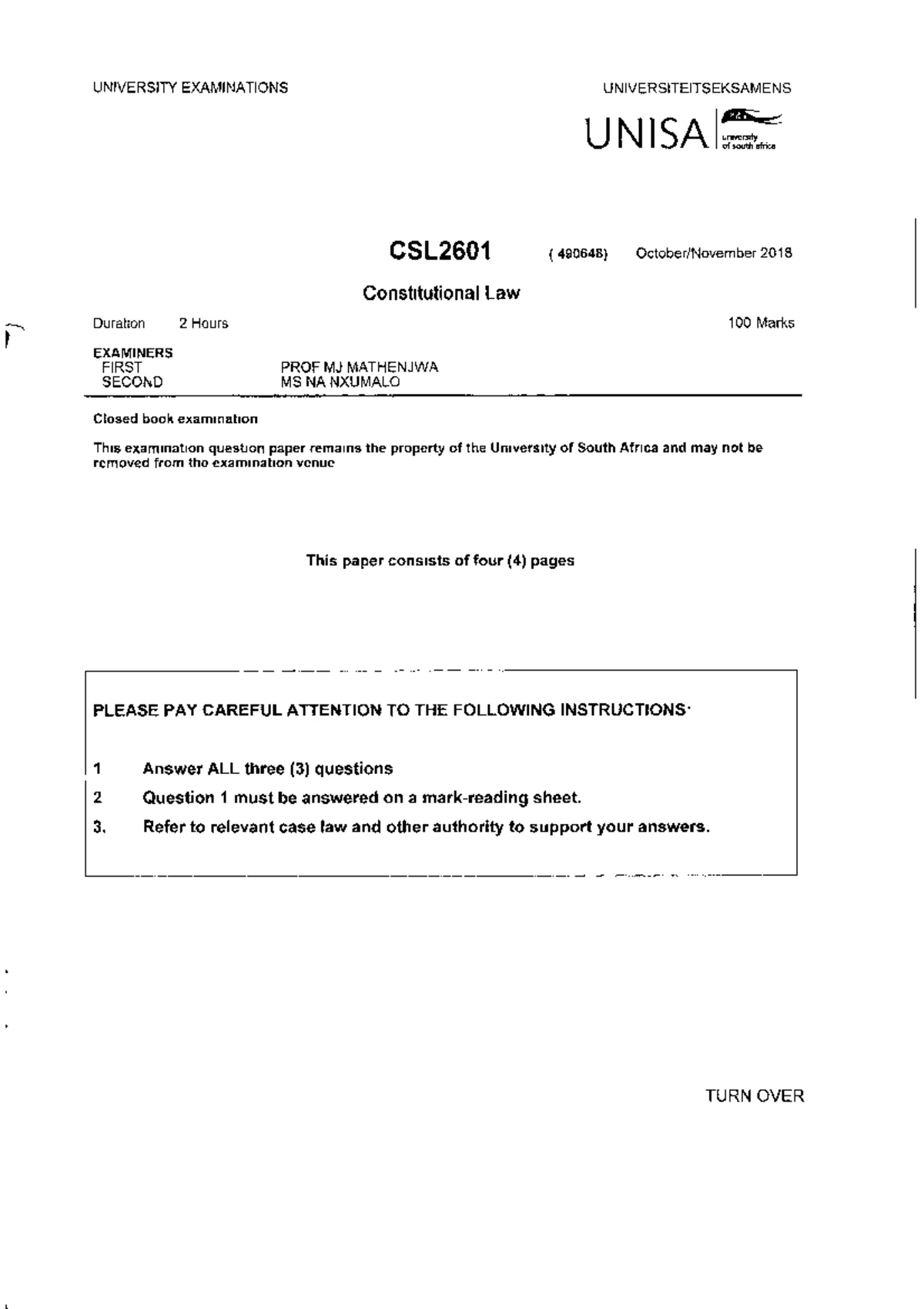 Final Exam CSL2601 Constitutional Law October 2023 Guide - Studocu