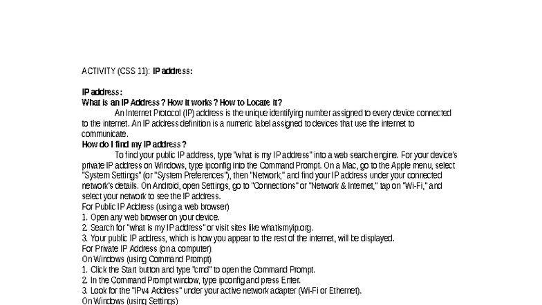 Activity CSS 11: Understanding IP Addresses and Their Functions - Studocu