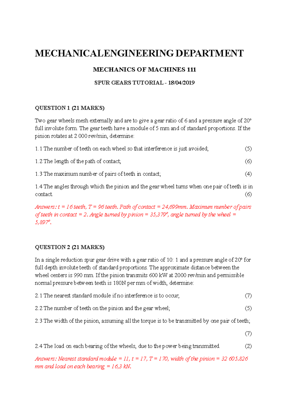 MEOM201 - Lecture Notes on Spur Gear Mechanics and Calculations - Studocu