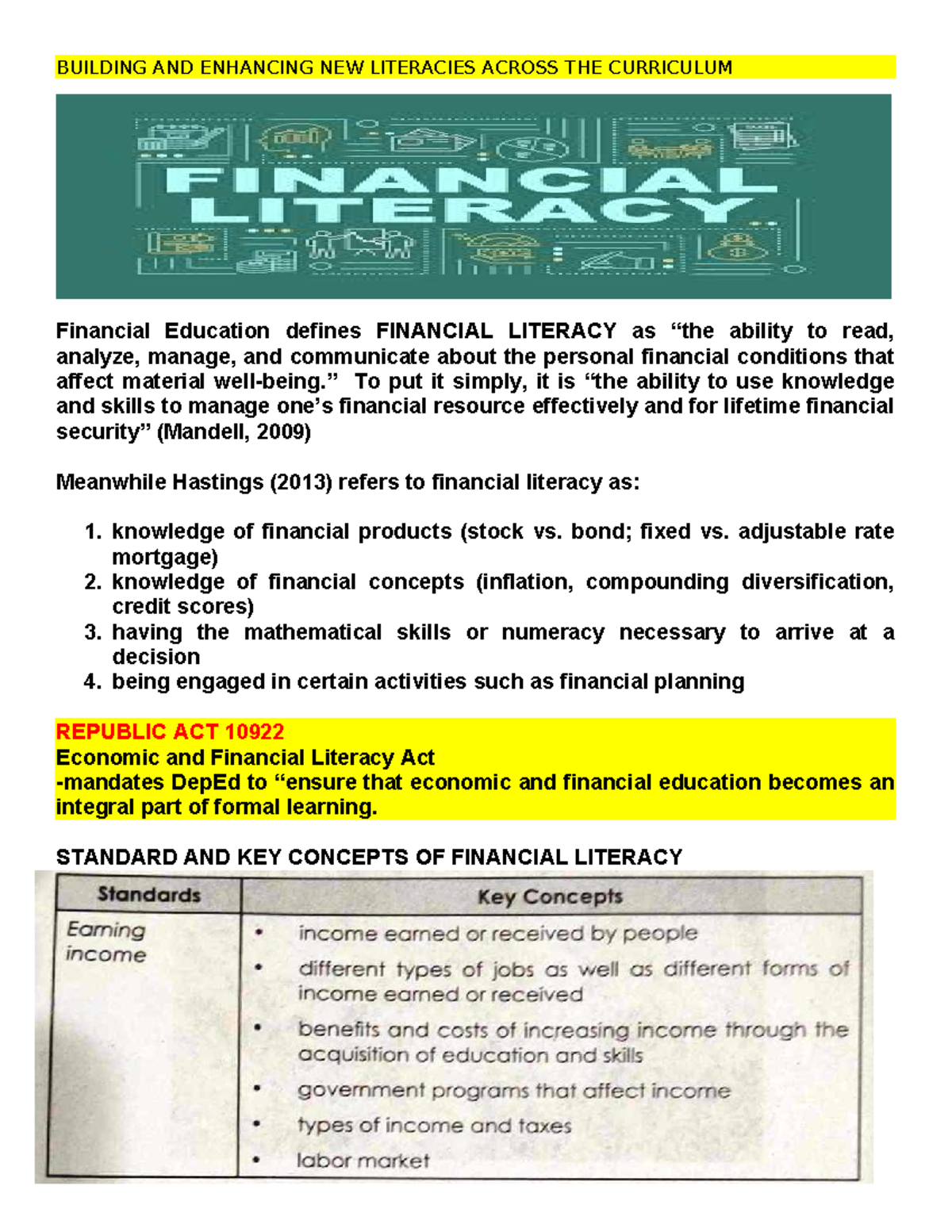 Financial Literacy - Lecture Notes for Building New Literacies - Studocu