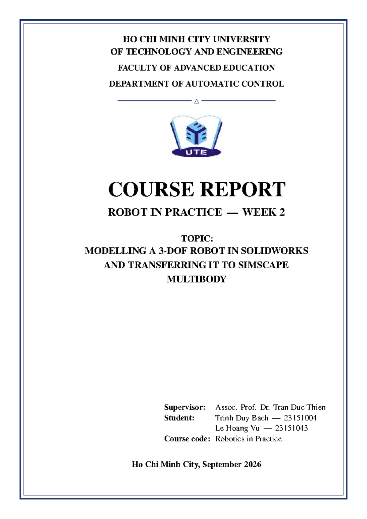 Robotics in Practice (Course Code: RP) - Week 2 Report on SolidWorks ...