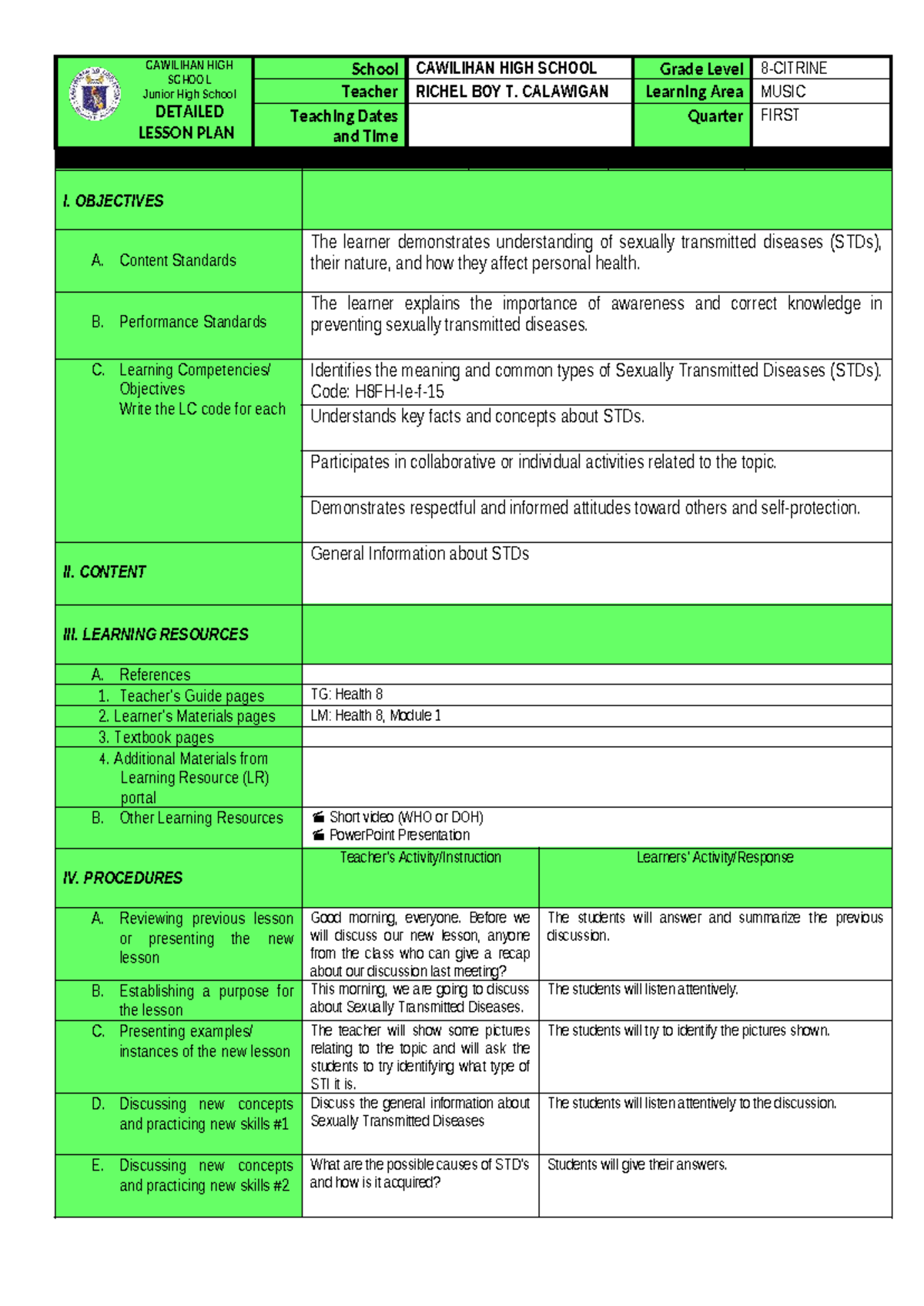 CAWILIHAN HIGH SCHOOL DETAILED LESSON PLAN: STDs in MUSIC Grade 8 - Studocu