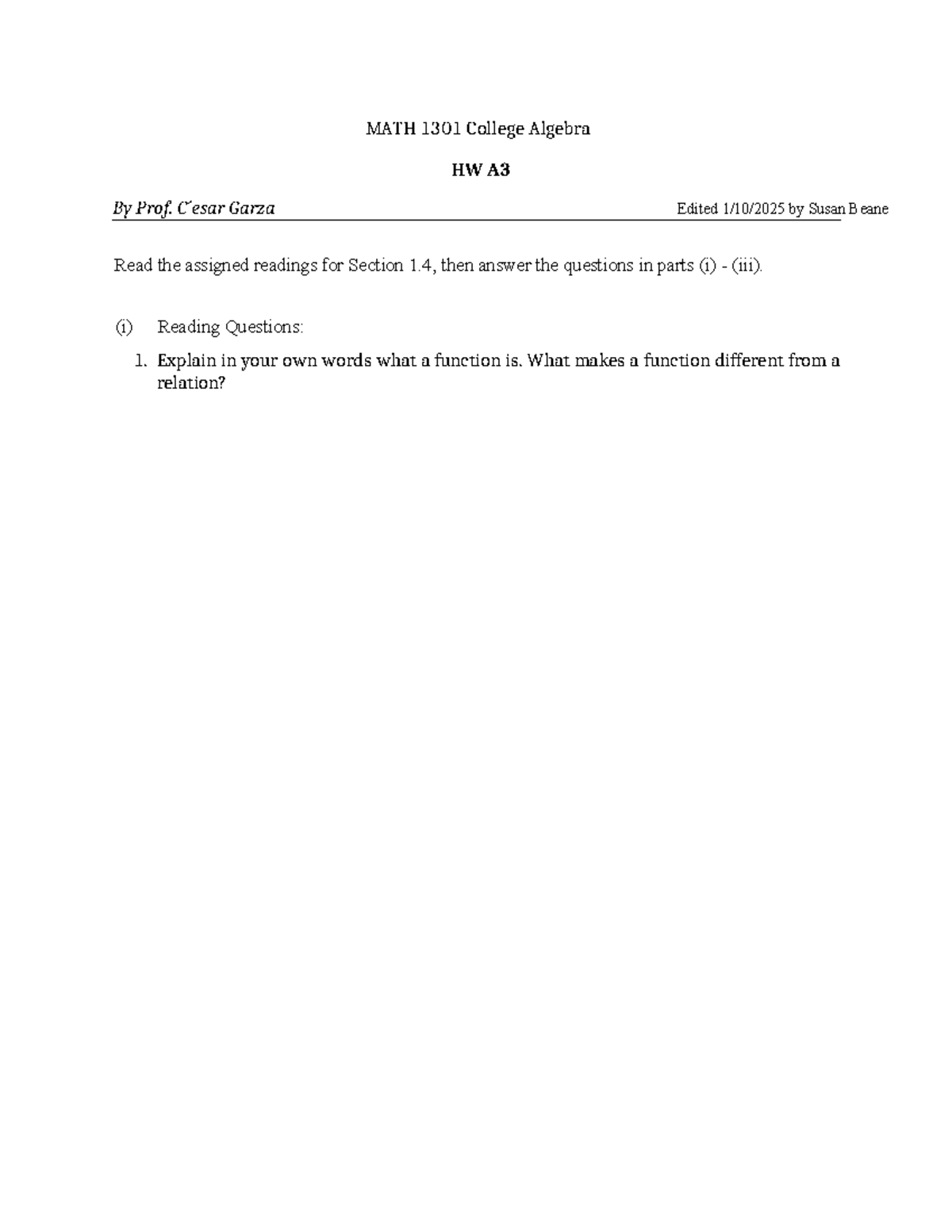 MATH 1301 College Algebra HW A3 - Function Analysis and Insights - Studocu
