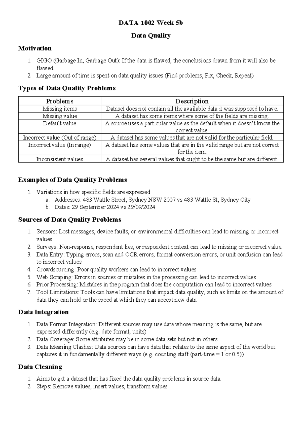 DATA 1002 Week 5 - Exploring Data Quality Issues and Solutions - Studocu