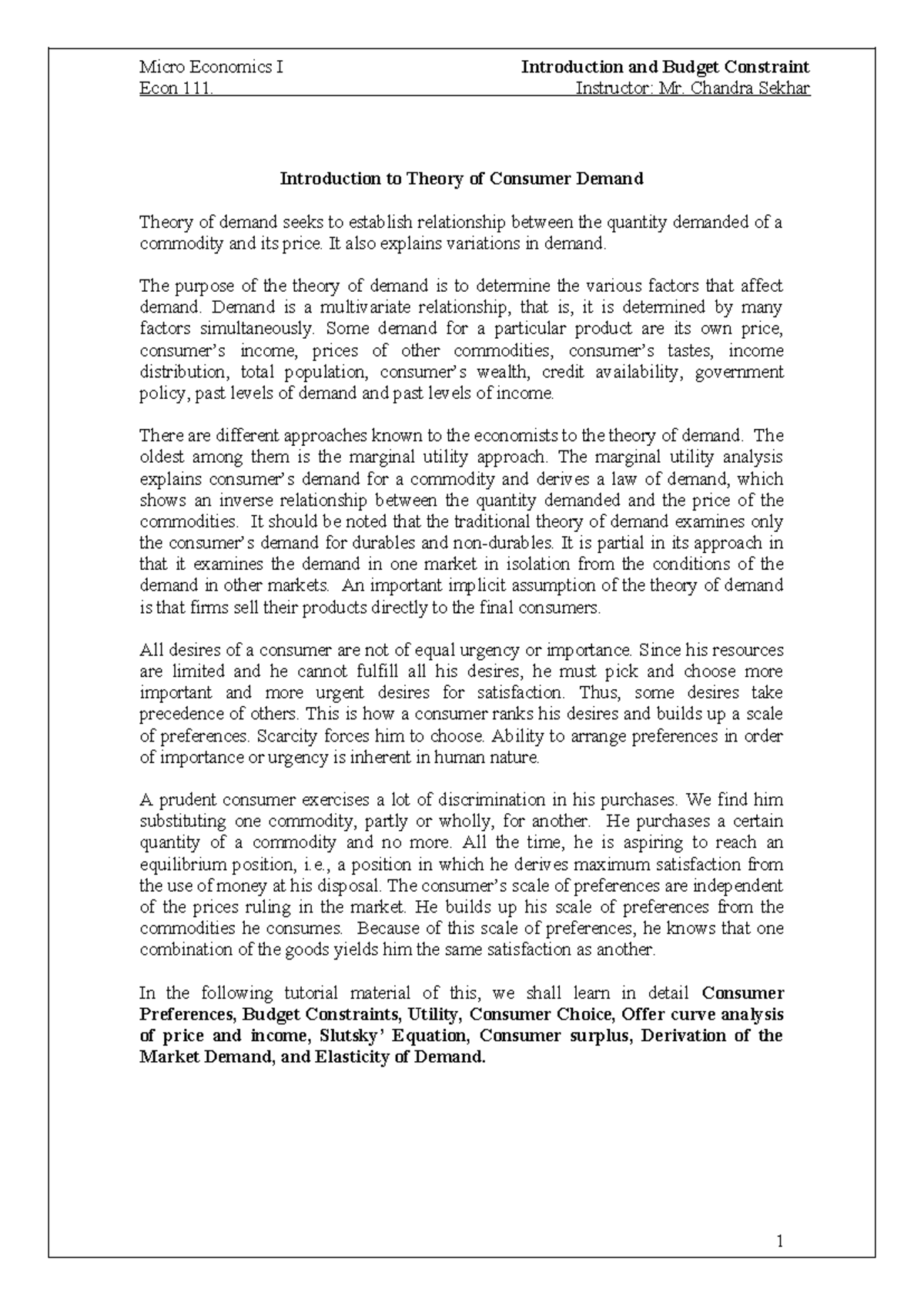 Micro Economics I: Introduction to Consumer Demand & Budget Constraints ...