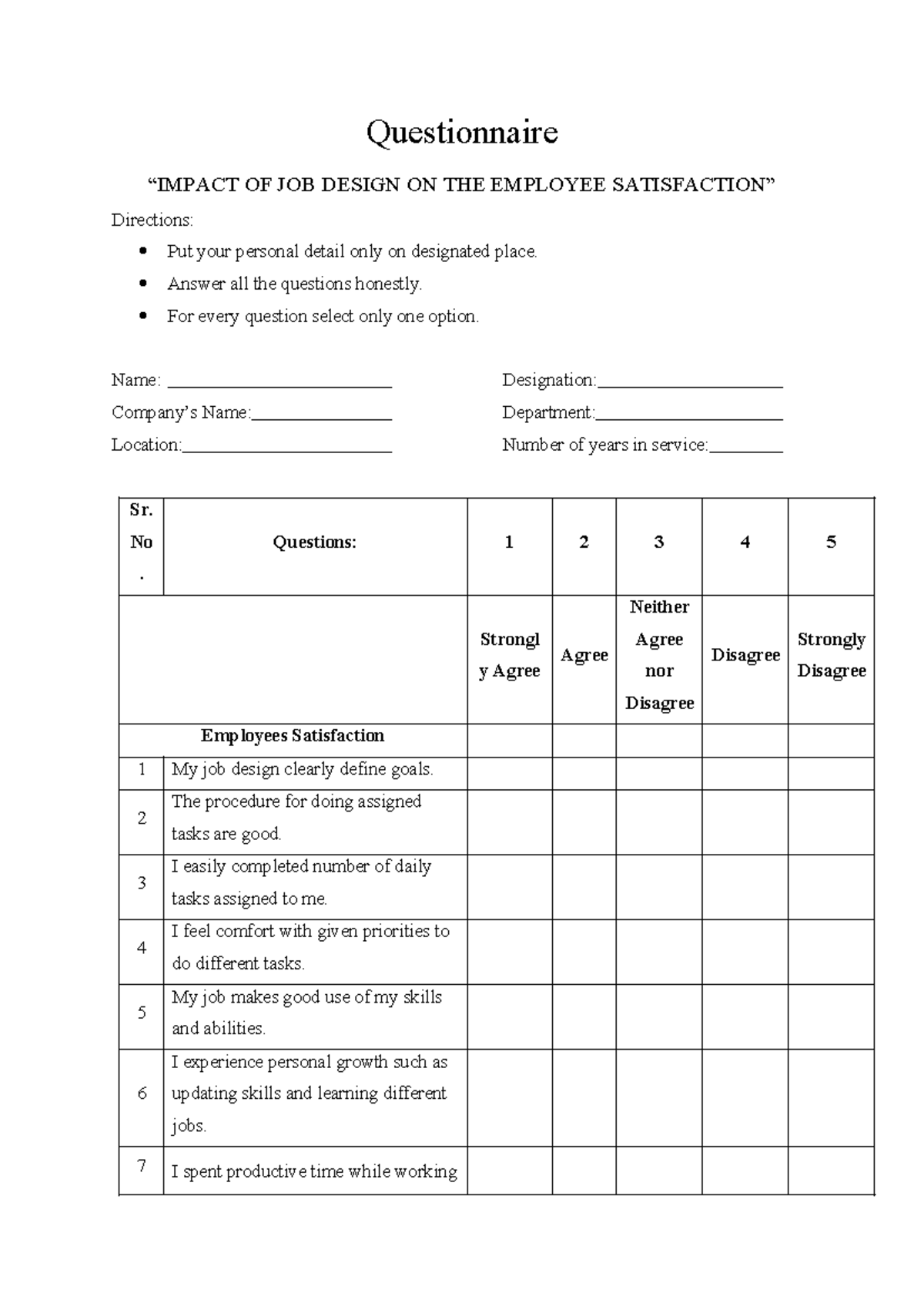 Questionnaire Impact OF JOB Design ON TH - Questionnaire “IMPACT OF JOB ...