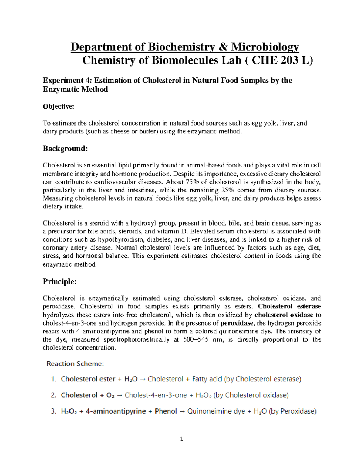 CHE 203 L: Estimation of Cholesterol in Food Samples - Lab Experiment 4 ...