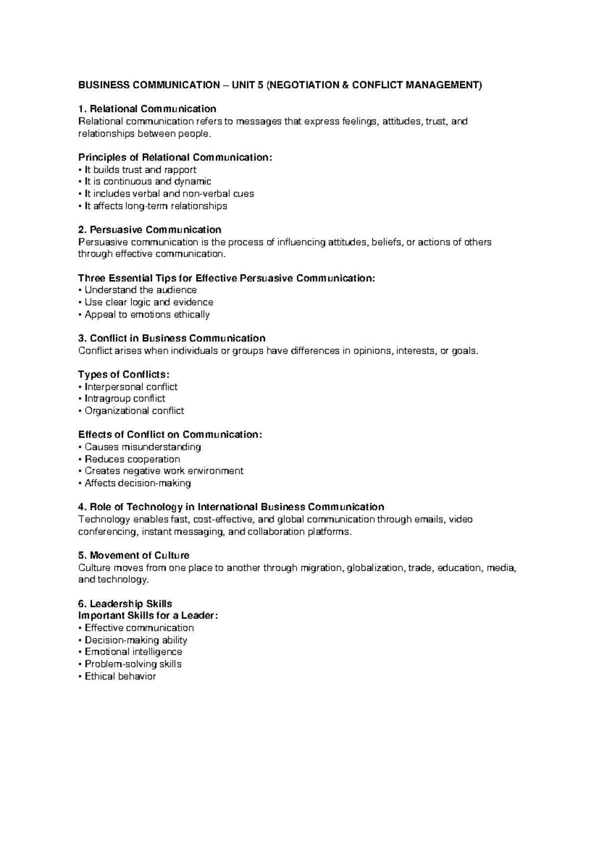 BC 101: Unit 5 - Short Notes on Negotiation & Conflict Management - Studocu