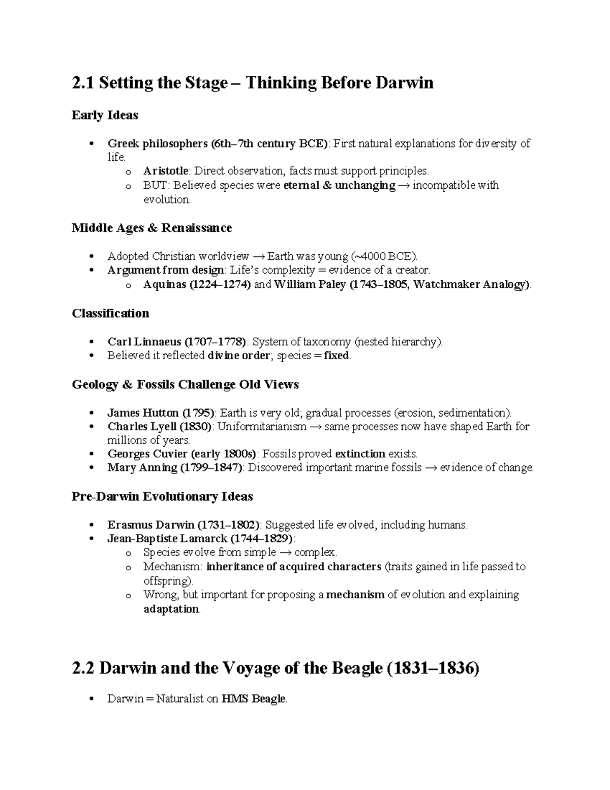 BIO1130 Lecture Notes: Early Evolutionary Ideas & Darwin's Insights ...