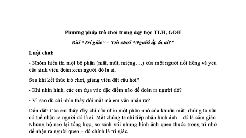 Phương pháp trò chơi trong dạy học TLH: Cảm giác và tri giác - Studocu