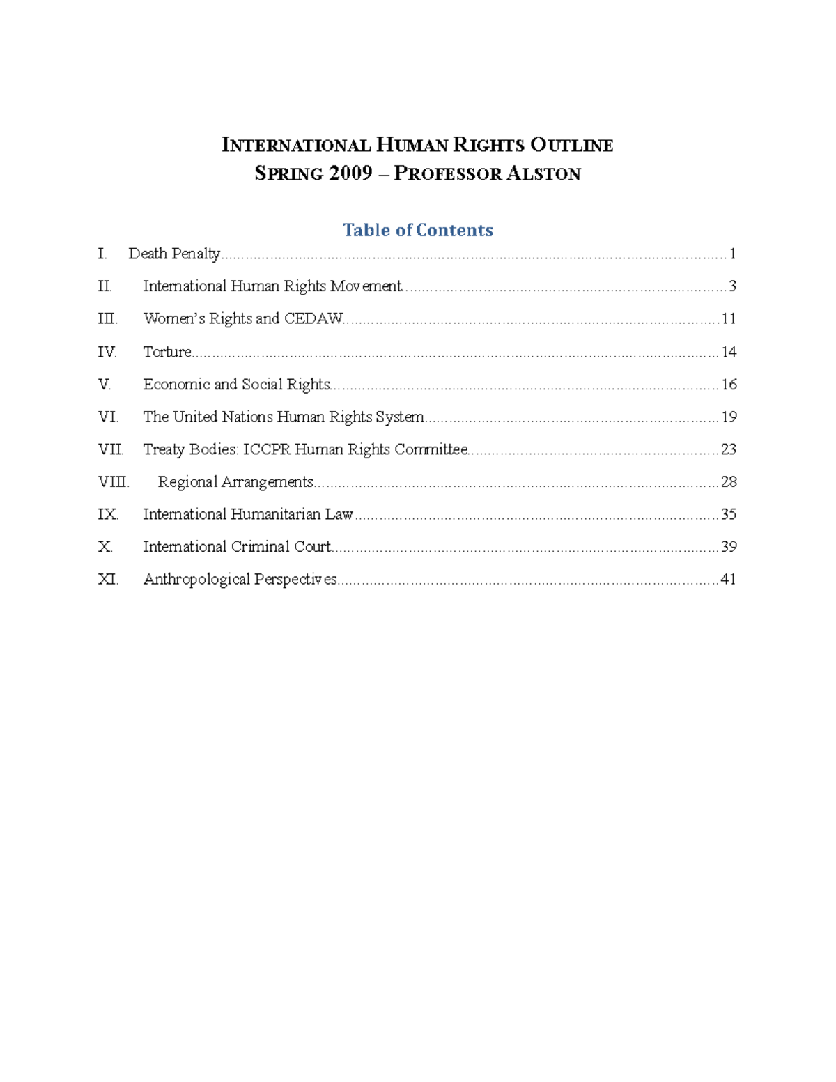International Human Rights Outline - Alston Spring 2009 Notes - Studocu