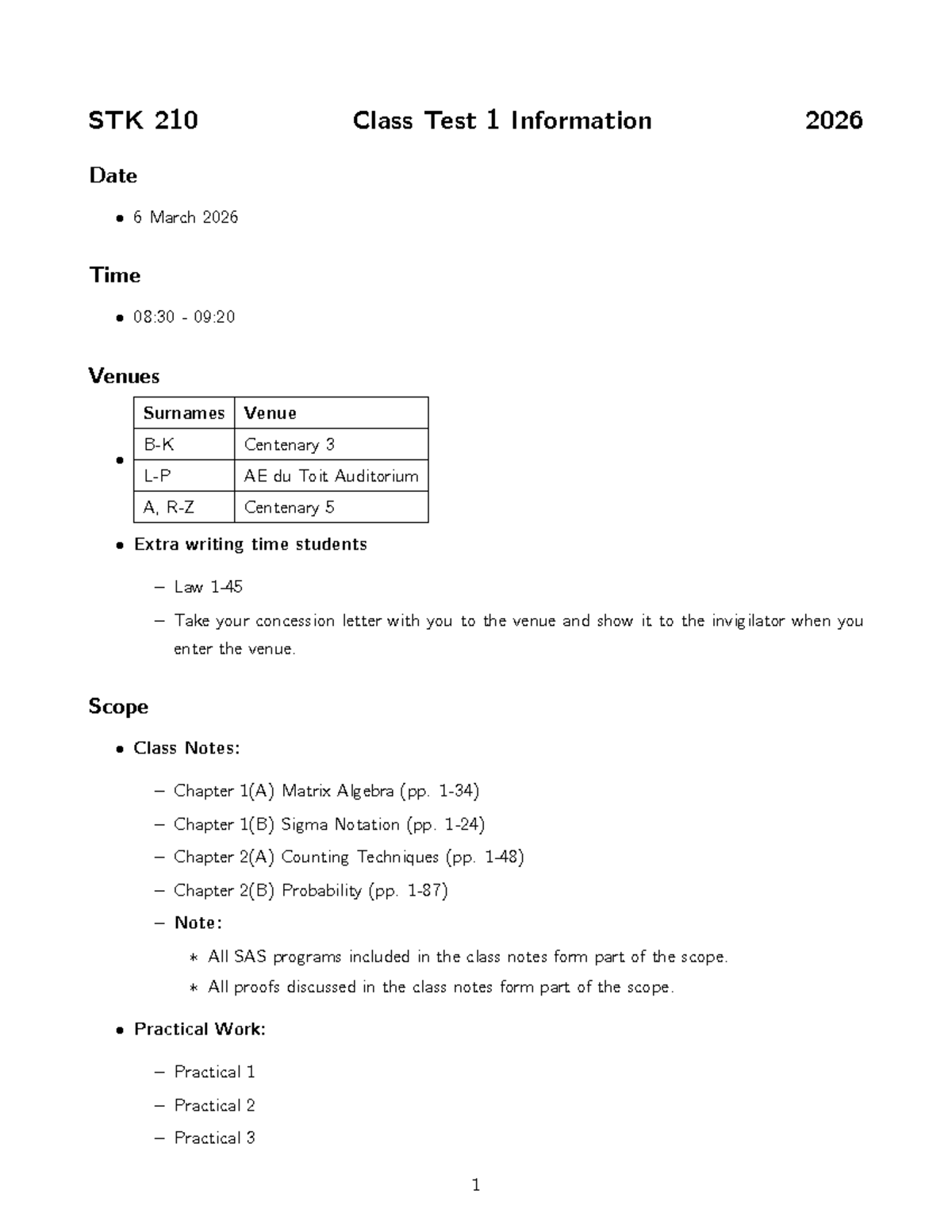 STK 210 Class Test 1 Details: Date, Time, and Scope - Studocu