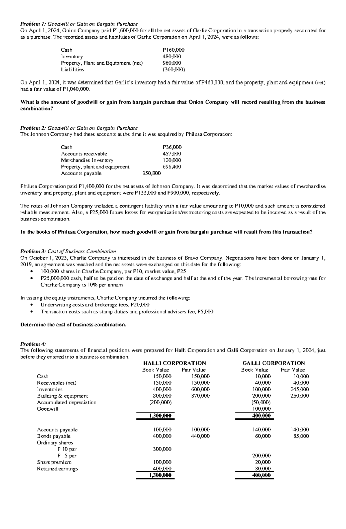 Asset Acquisition Problems 1-5: Goodwill and Business Combinations ...