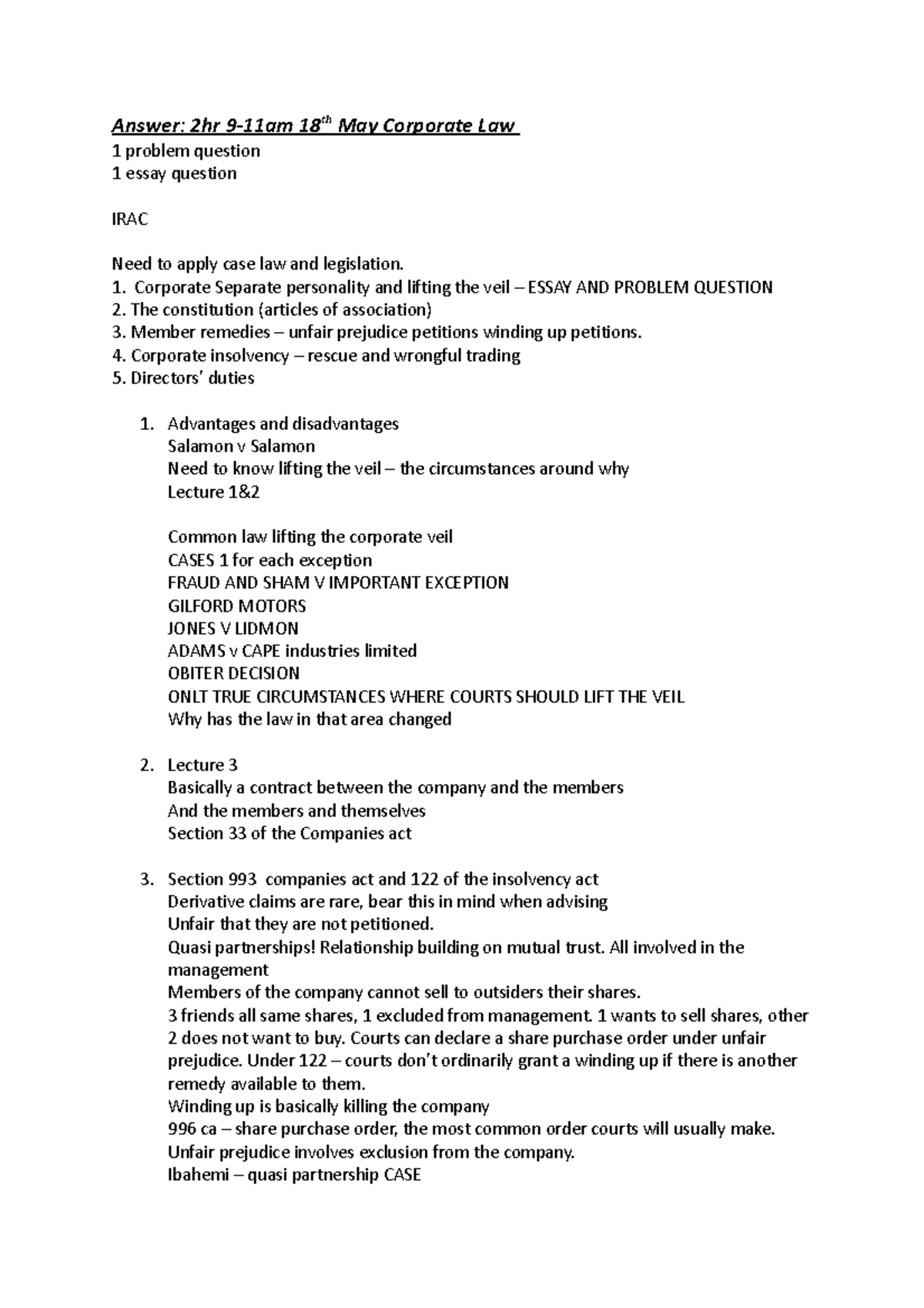 Corporate Law Revision - Exam Strategies and Key Concepts - Studocu