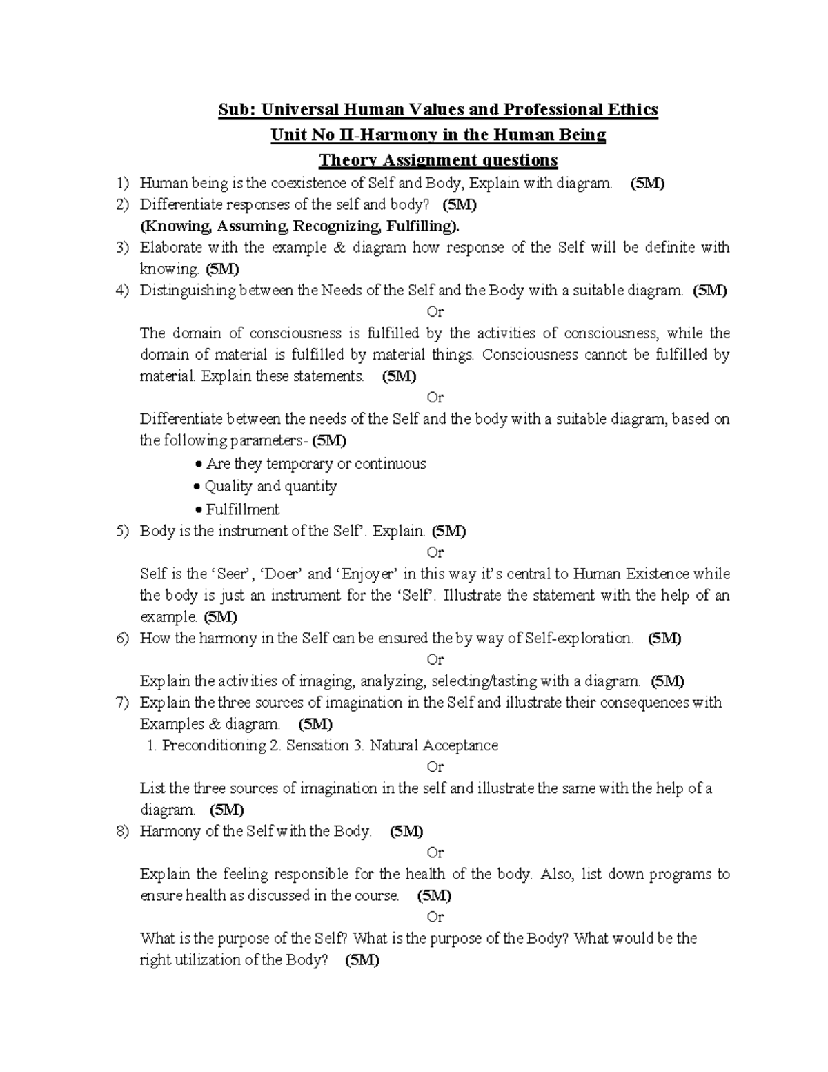 UHVPE Unit II Assignment Questions on Human Values and Ethics - Studocu
