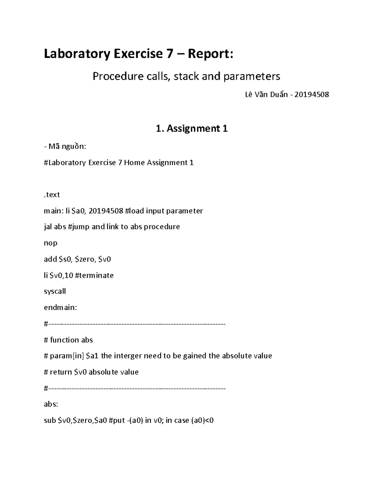 Lab 7 Report: Procedure Calls, Stack, and Parameters (20194508) - Studocu