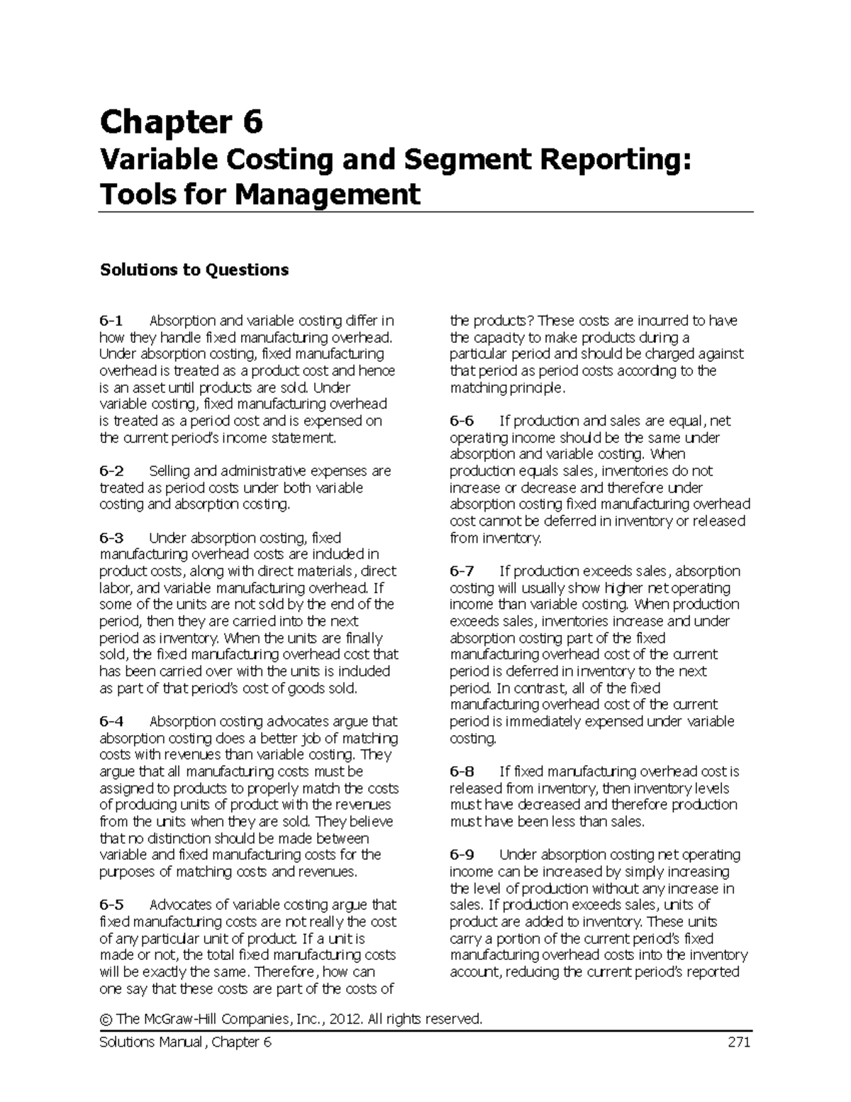 Chapter 6: Variable Costing & Segment Reporting Solutions (Managerial ...
