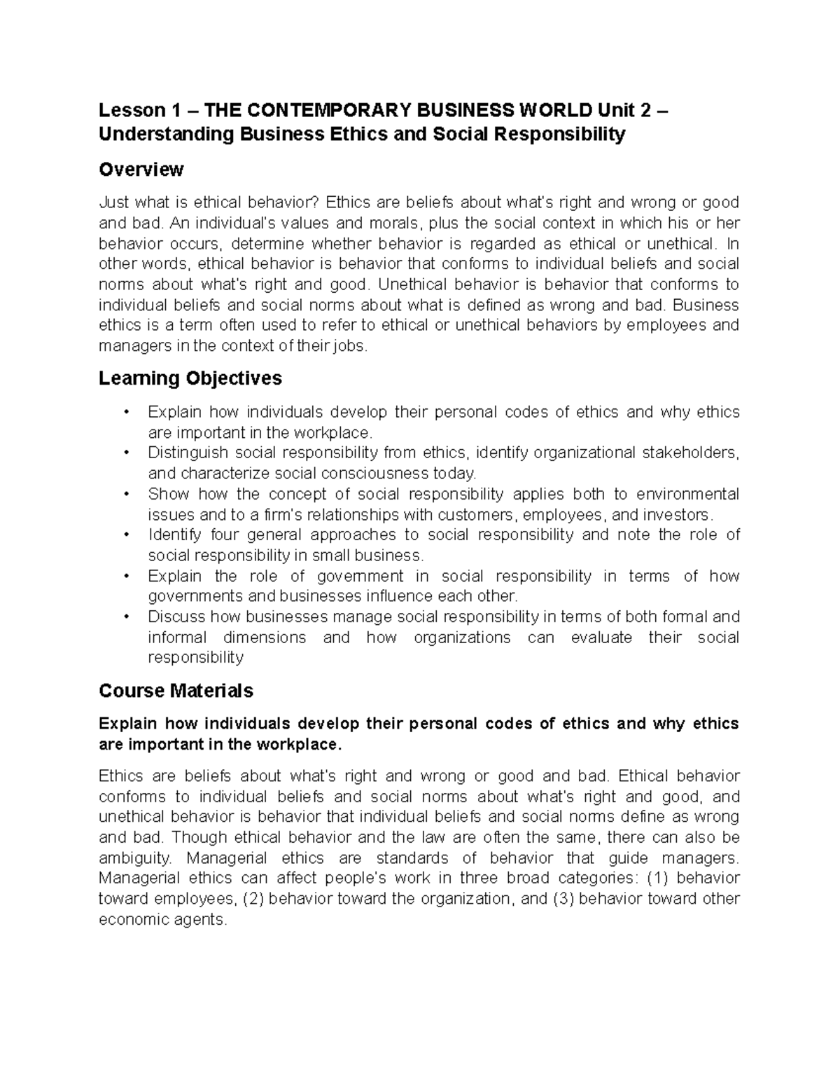 Module 2 Lesson 1: Business Ethics & Social Responsibility Overview ...