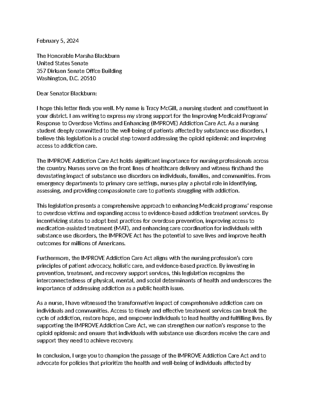 Support Letter for IMPROVE Addiction Care Act - Nursing Advocacy - Studocu