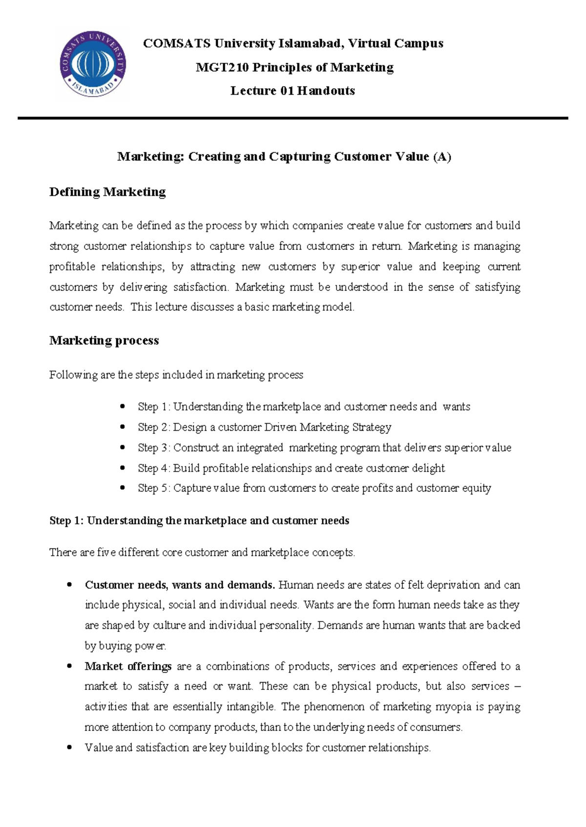 MGT210 Final Exam Lecture 01 Handouts: Principles of Marketing - Studocu