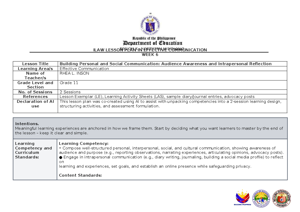 EC T1 W6 - Lesson Plan on Effective Communication for Grade 11 - Studocu