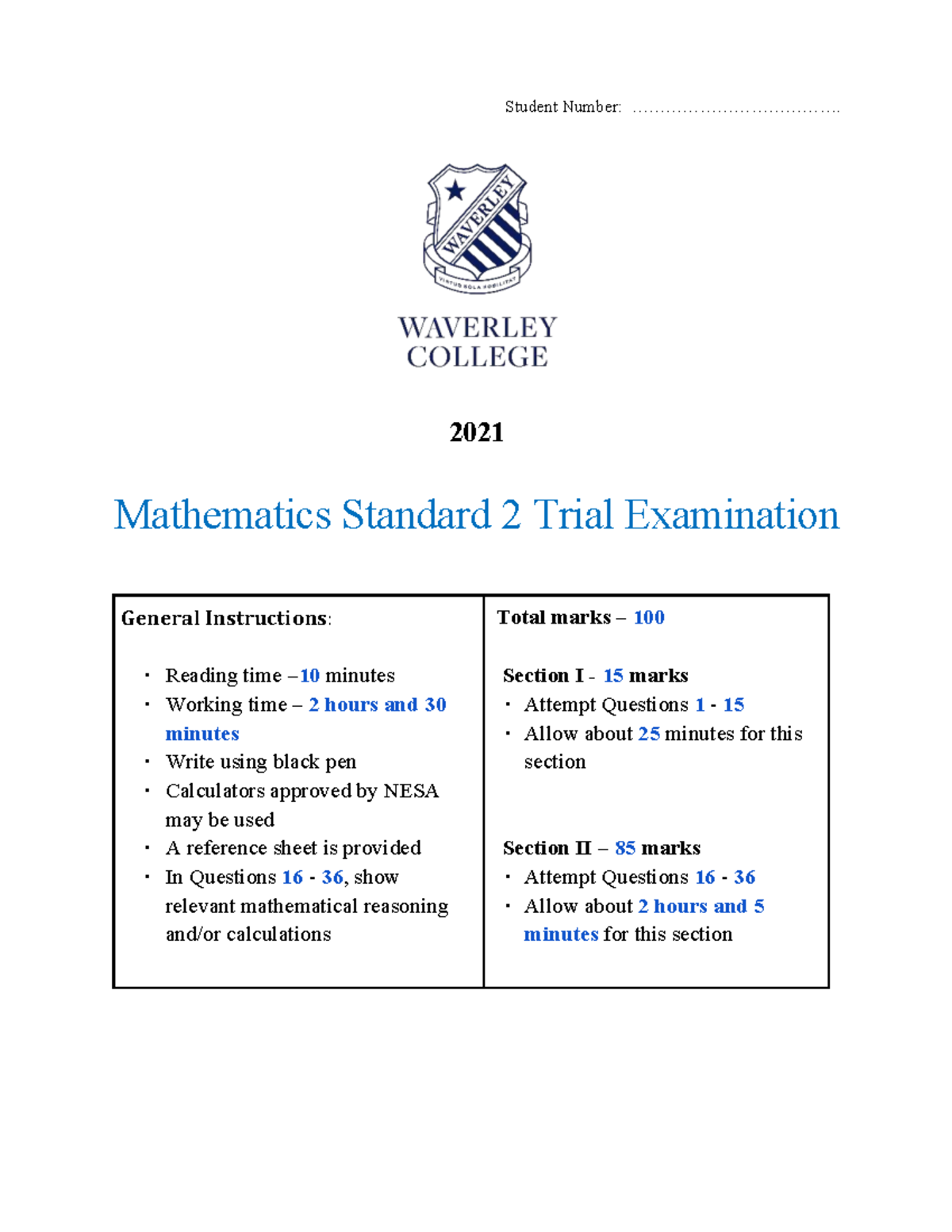Mathematics Standard 2 HSC Trial Exam 2021 Instructions & Details - Studocu