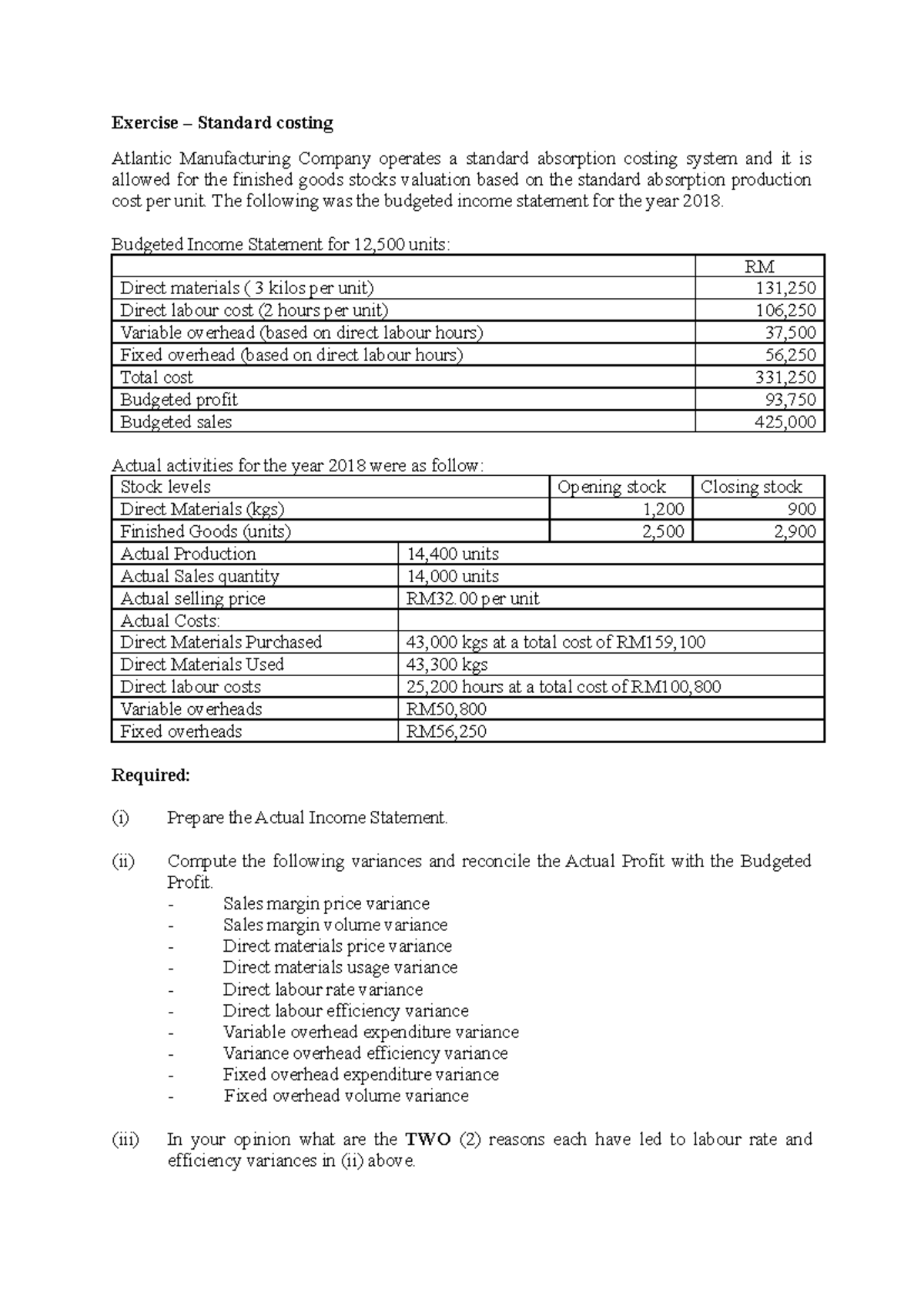 Exercise Q - A: Standard Costing Variance Analysis (CO 1 & CO 2) - Studocu