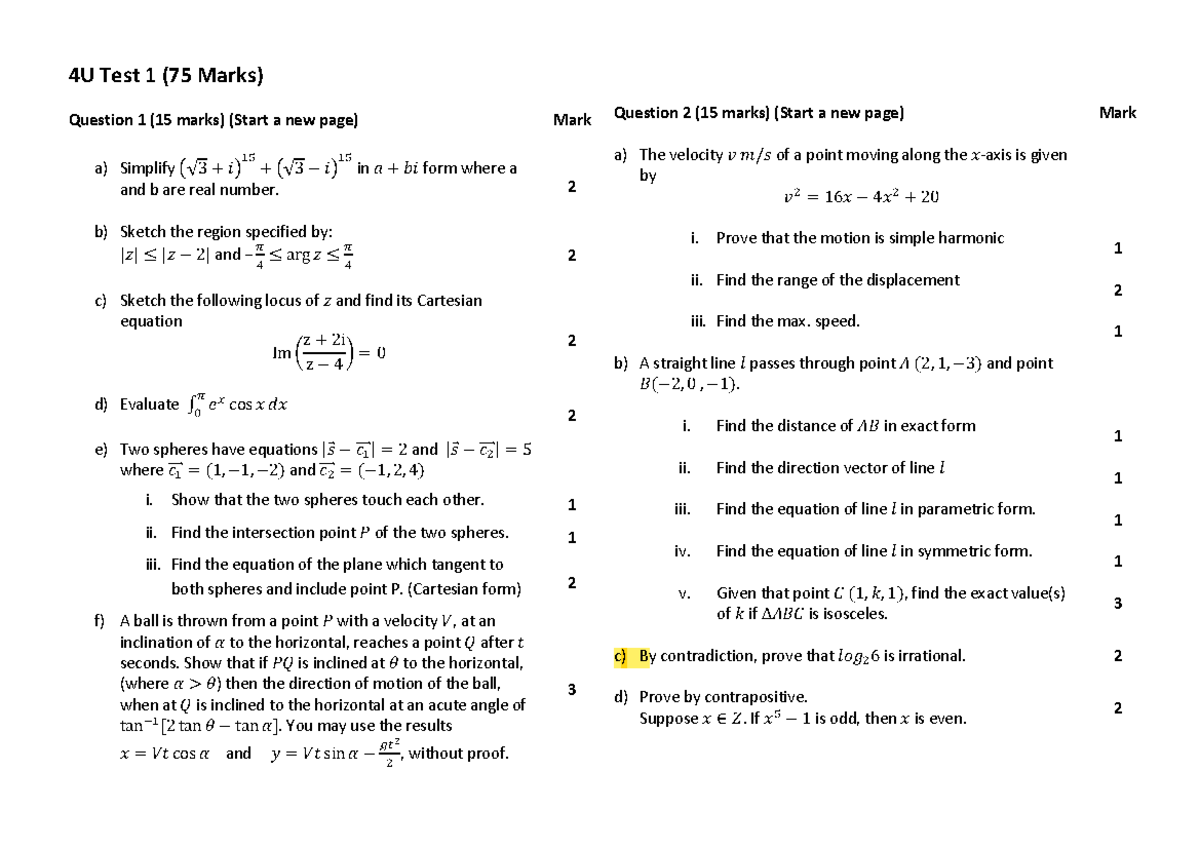 4U Trial Test 1: Comprehensive questions on calculus and physics - Studocu
