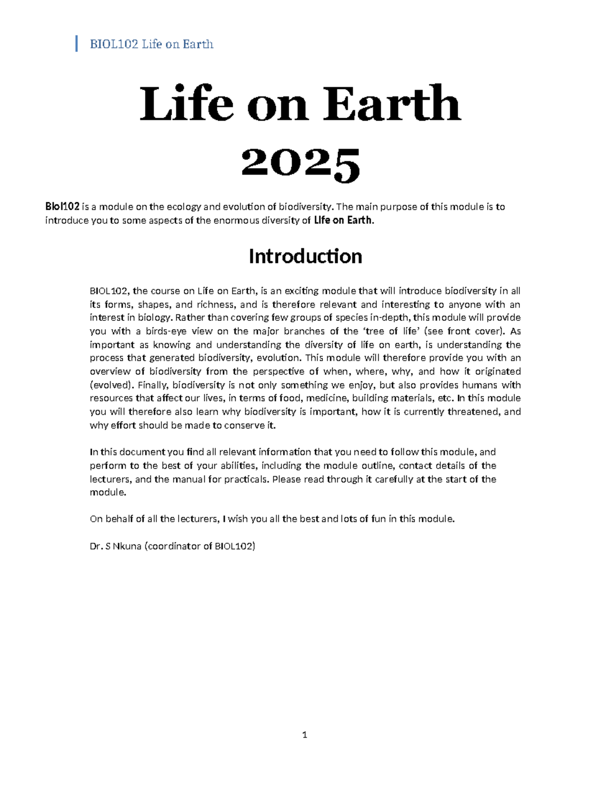 BIOL102 Life on Earth Module Outline and Study Notes 2025 - Studocu