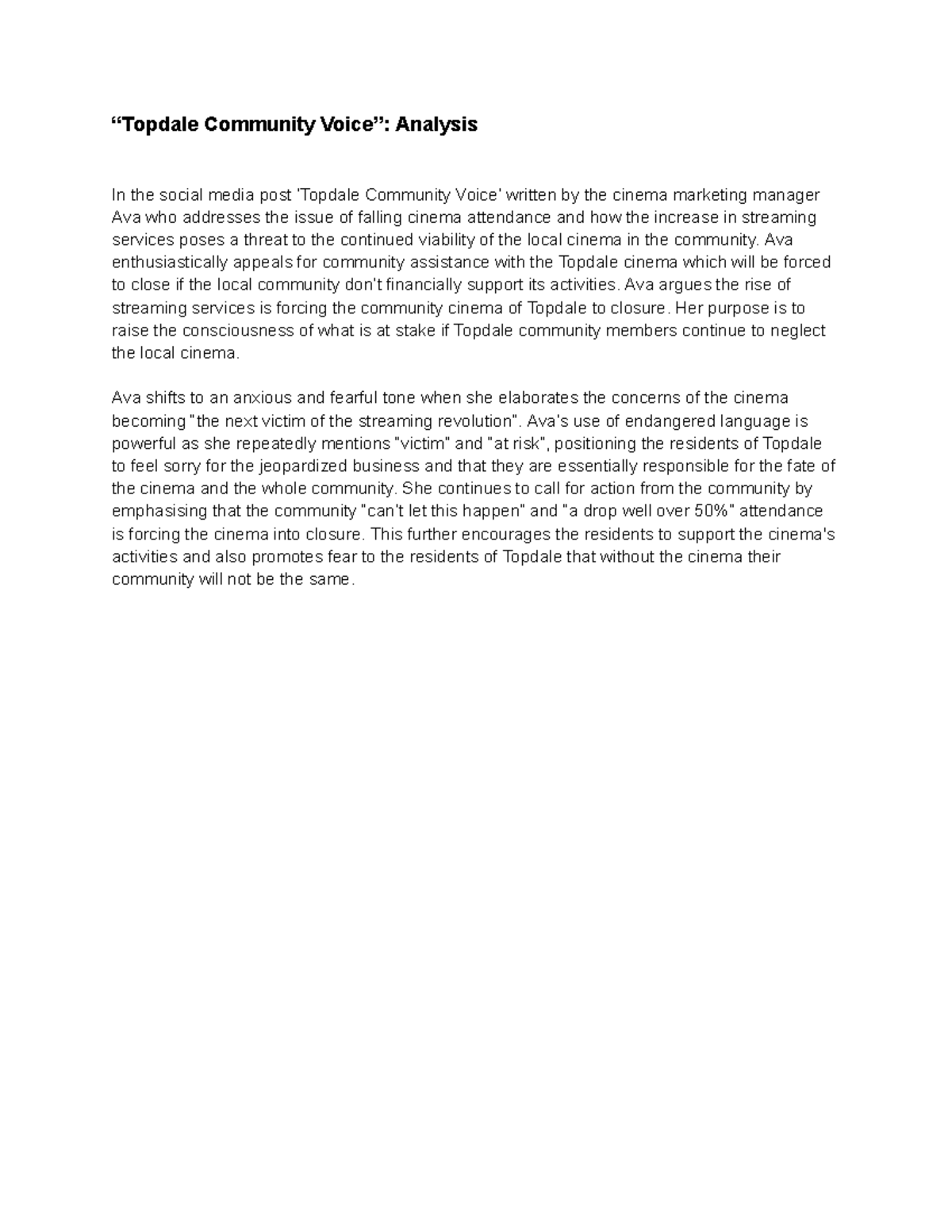 Topdale Community Voice: Analysis of Local Cinema Crisis - Studocu