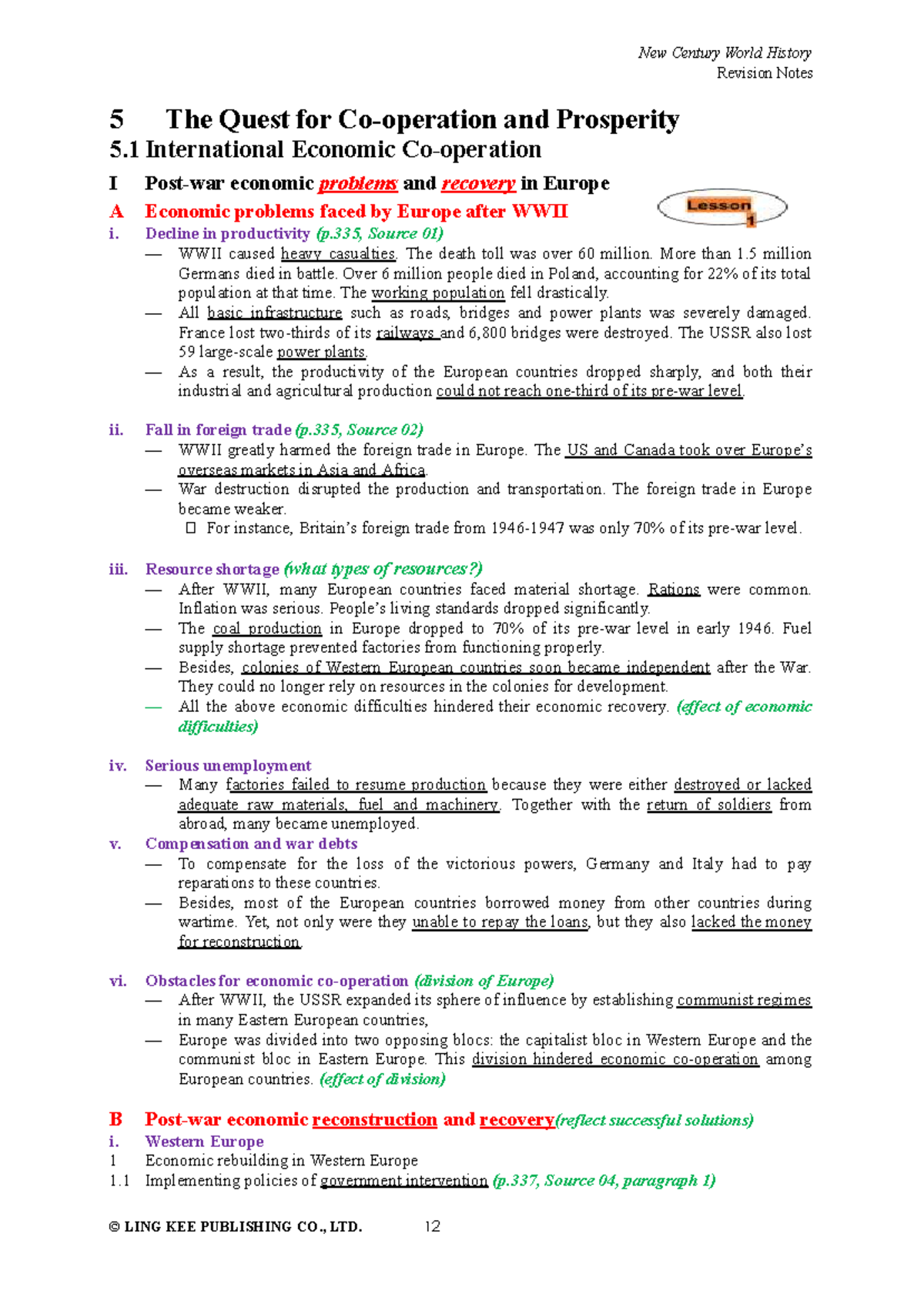 New Century World History Revision Notes: Economic Recovery in Post ...