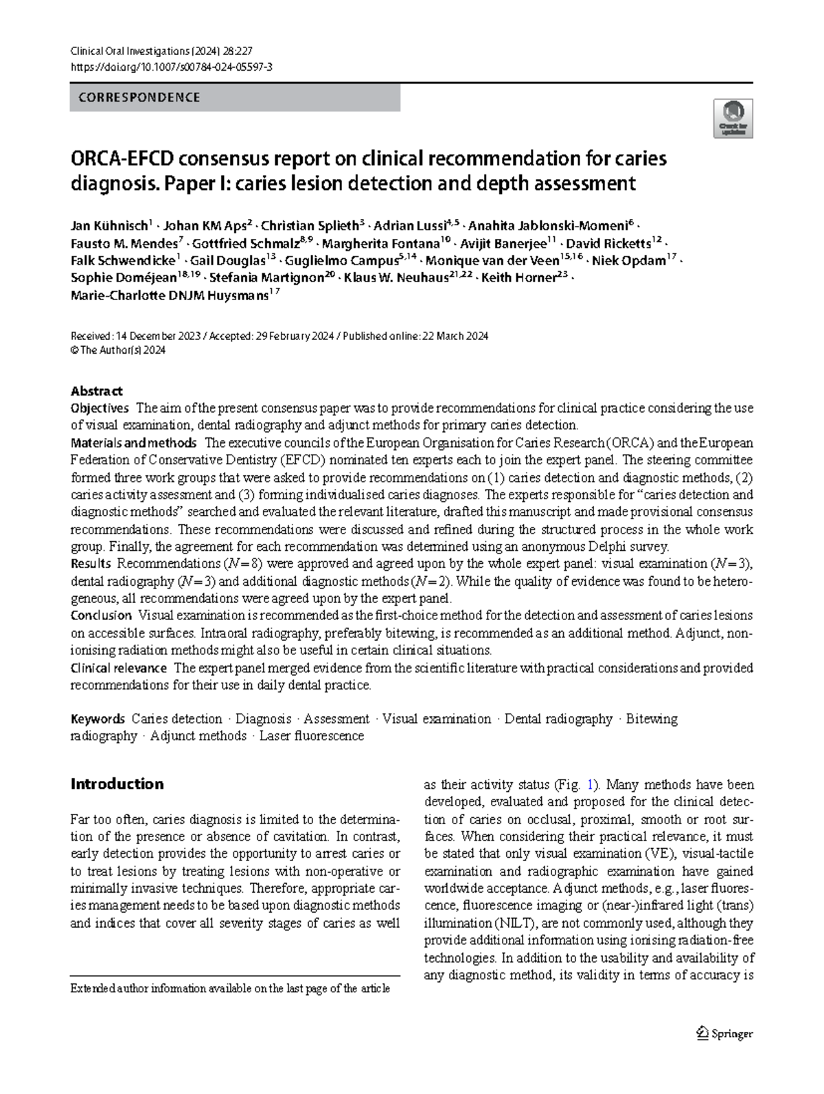 ORCA-EFCD Consensus Report: Caries Diagnosis & Detection Methods ...
