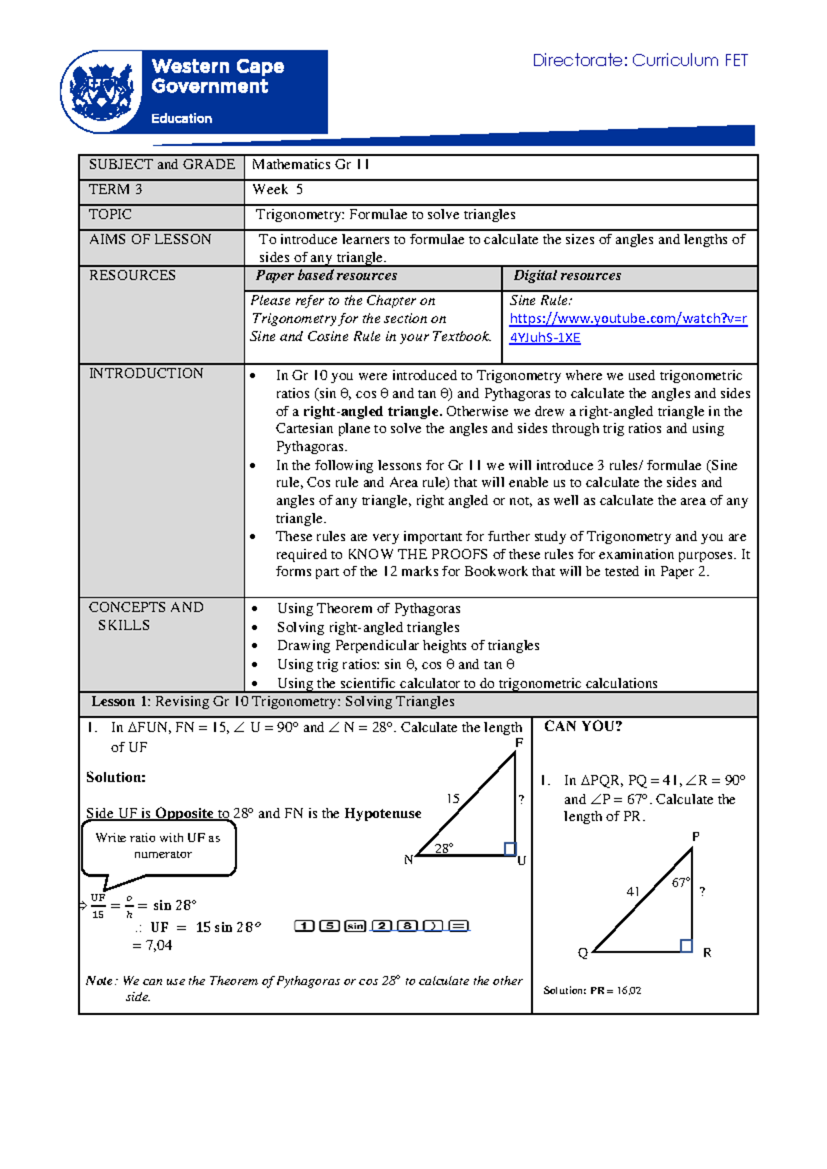 Mathematics Gr 11 Term 3 Week 5: Trigonometry Formulae for Triangles ...
