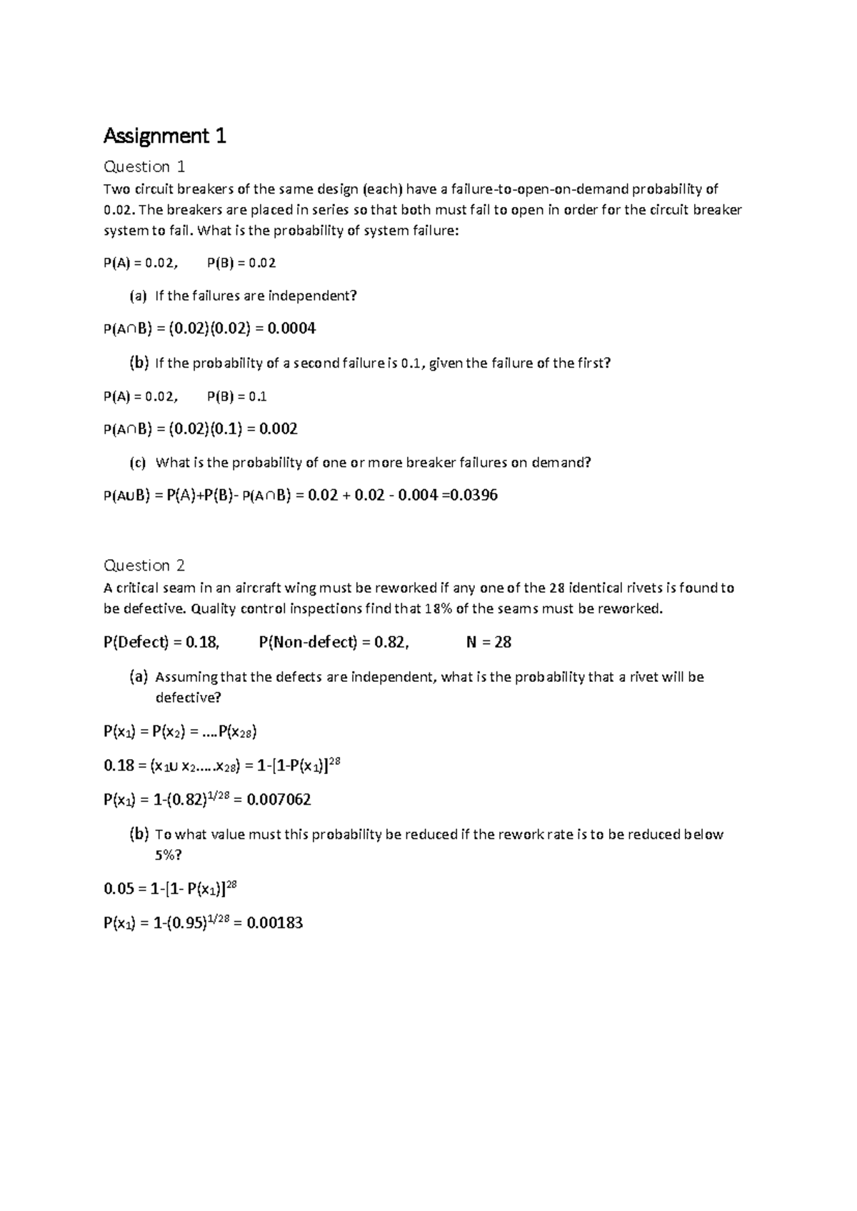 Reliability Assignments 1-6 Analysis & Calculations - Studocu