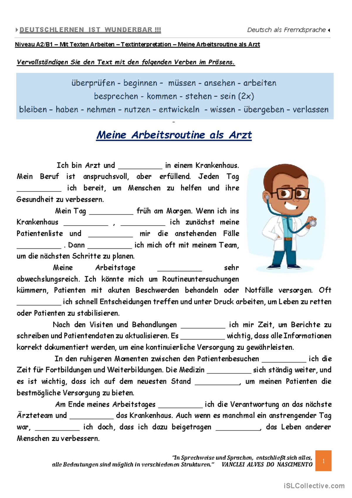 A2 B1 - Deutsch: Meine Arbeitsroutine als Arzt - Textinterpretation ...
