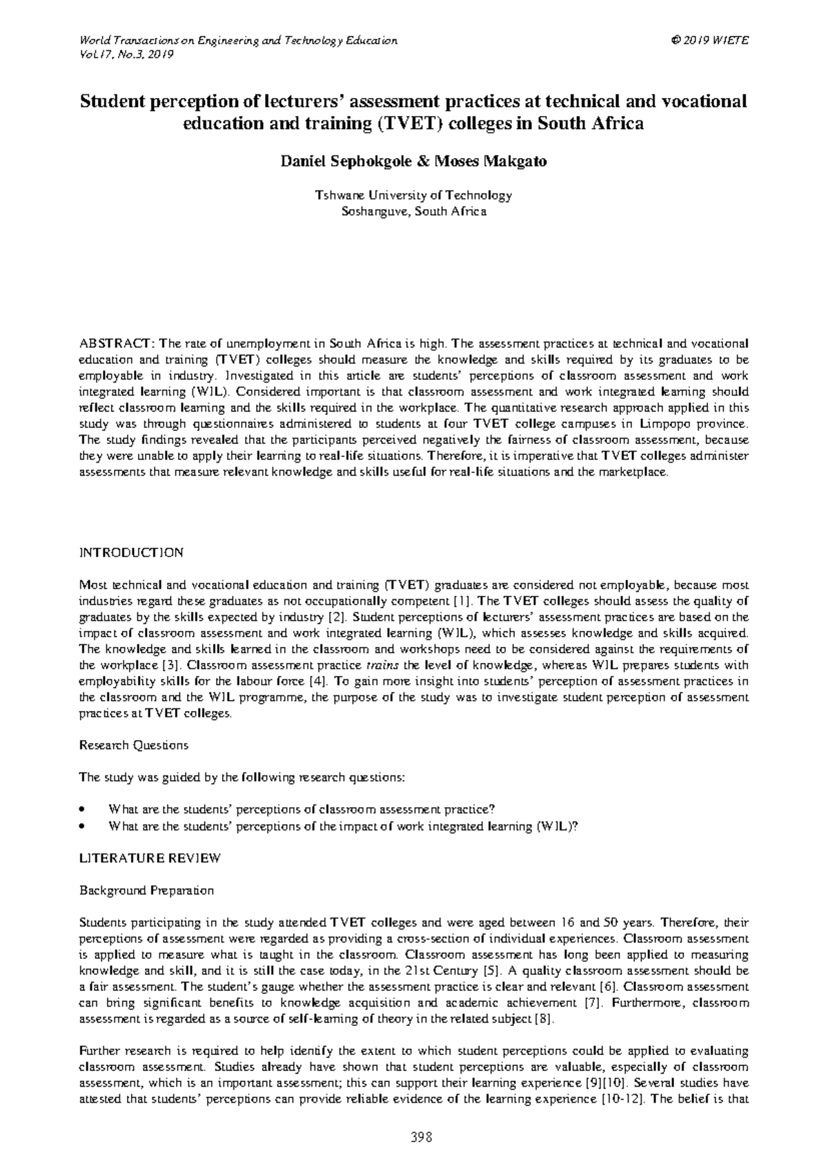 Student Perceptions of Assessment Practices in TVET Colleges (2019 ...