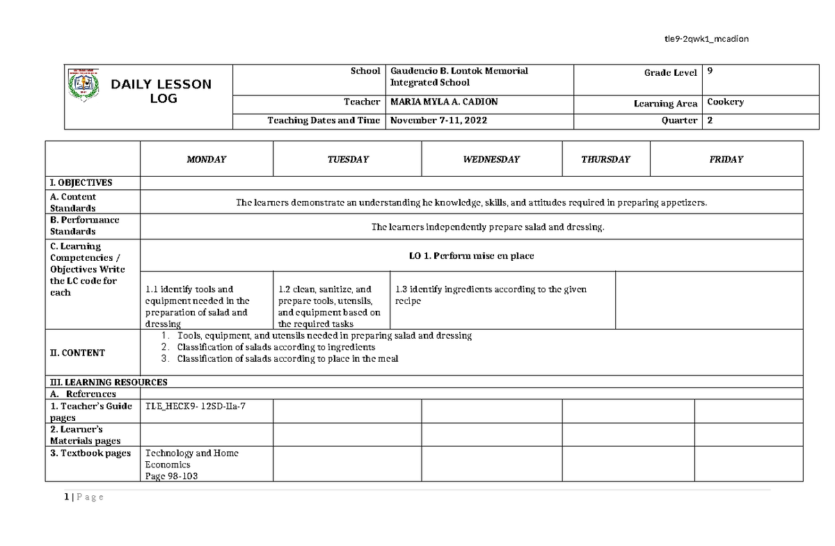 DLL-Cookery-9 Daily Lesson Log for Week 1 (Nov 7-11, 2022) - Studocu