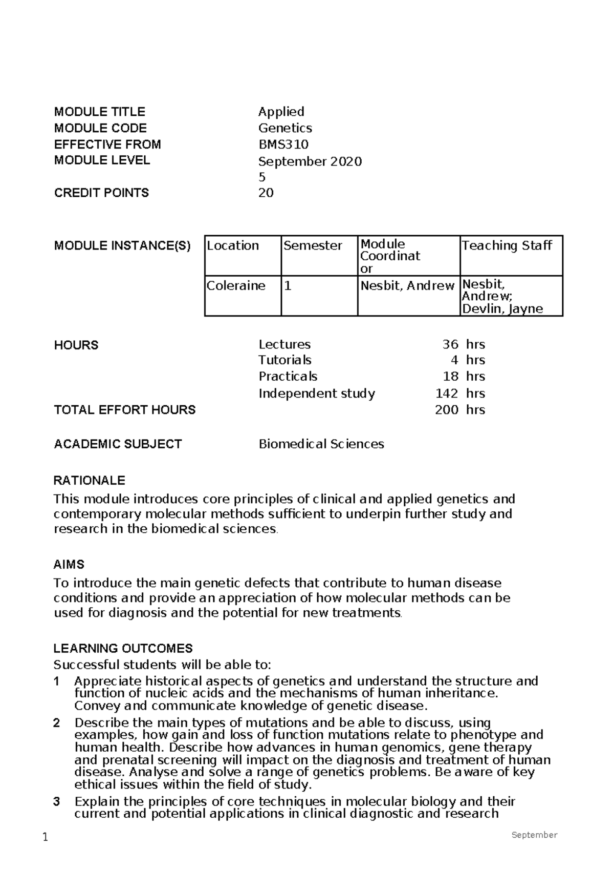 BMS310 Applied Genetics Module Handout 2023/24 Summary Details - Studocu