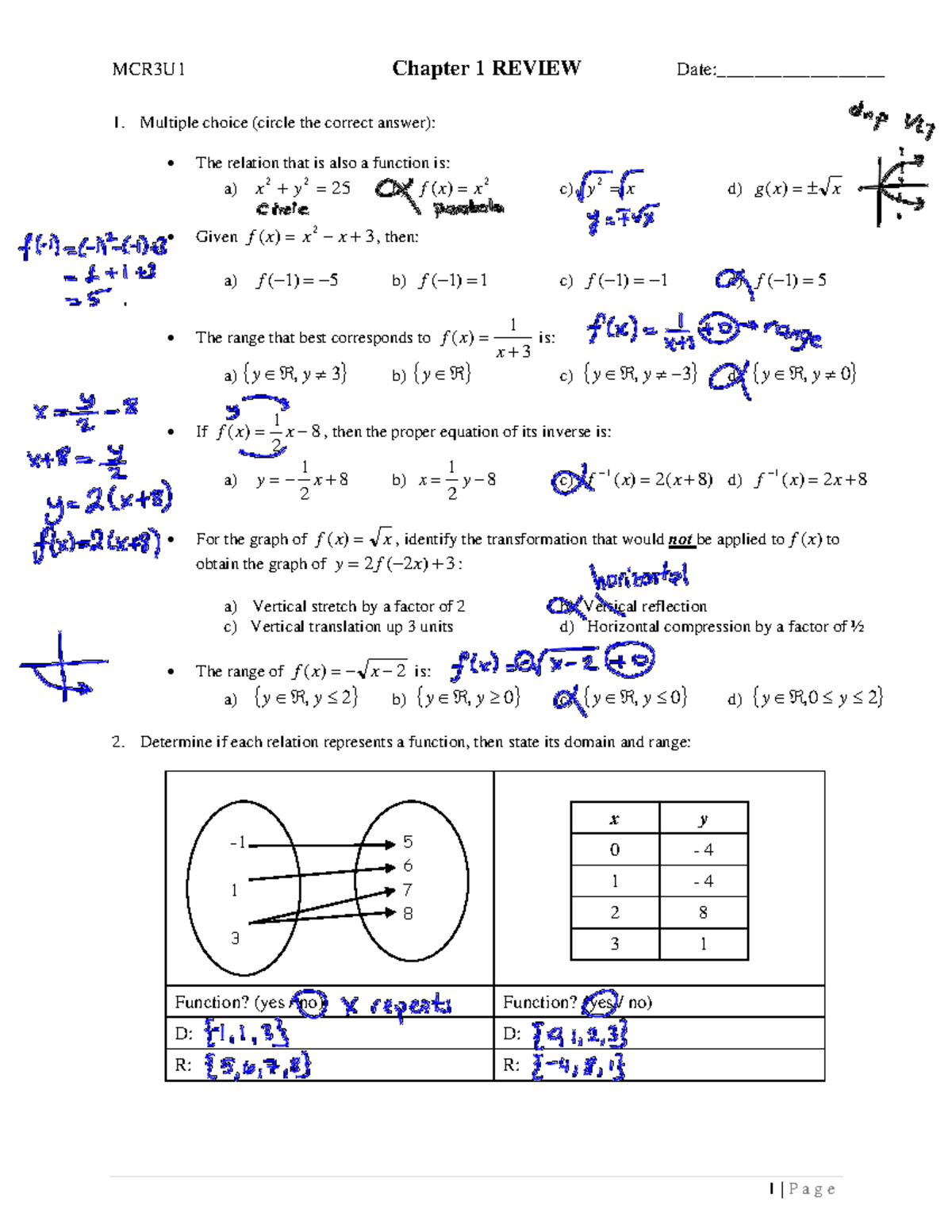 Chapter 1 Review Solutions MCR3U1: Functions and Transformations - Studocu